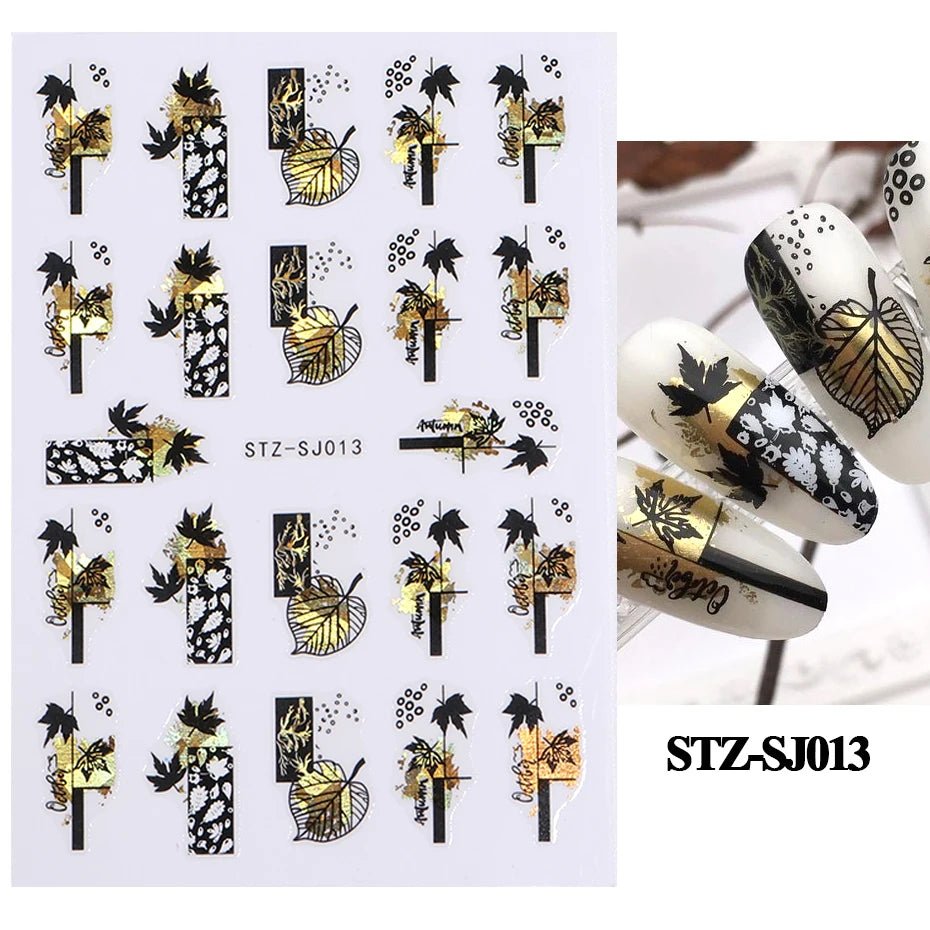 Golden Pumpkin Maple Leaf Pattern Nail Decals Fall Autumn Leaves & Geometric & Letter Stickers - silverfoxgoods